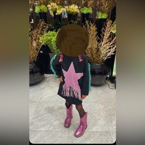 Little girl navy sweat shirt dress w/ fringe sleeves